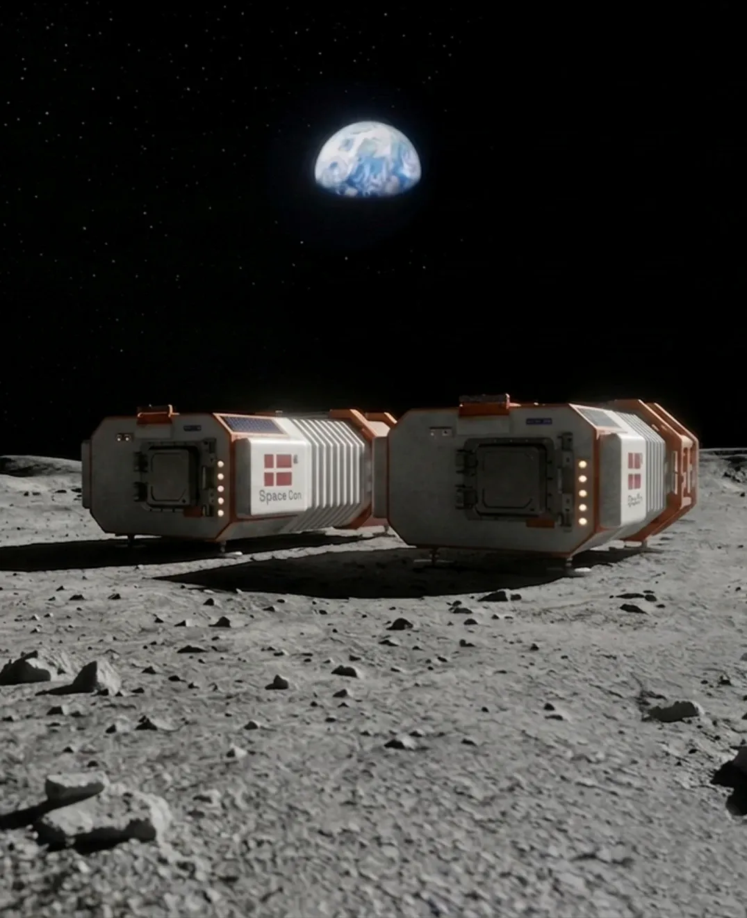 To sammenkoblede habitatmoduler på Månens overflade med Jorden lavt over horisonten.